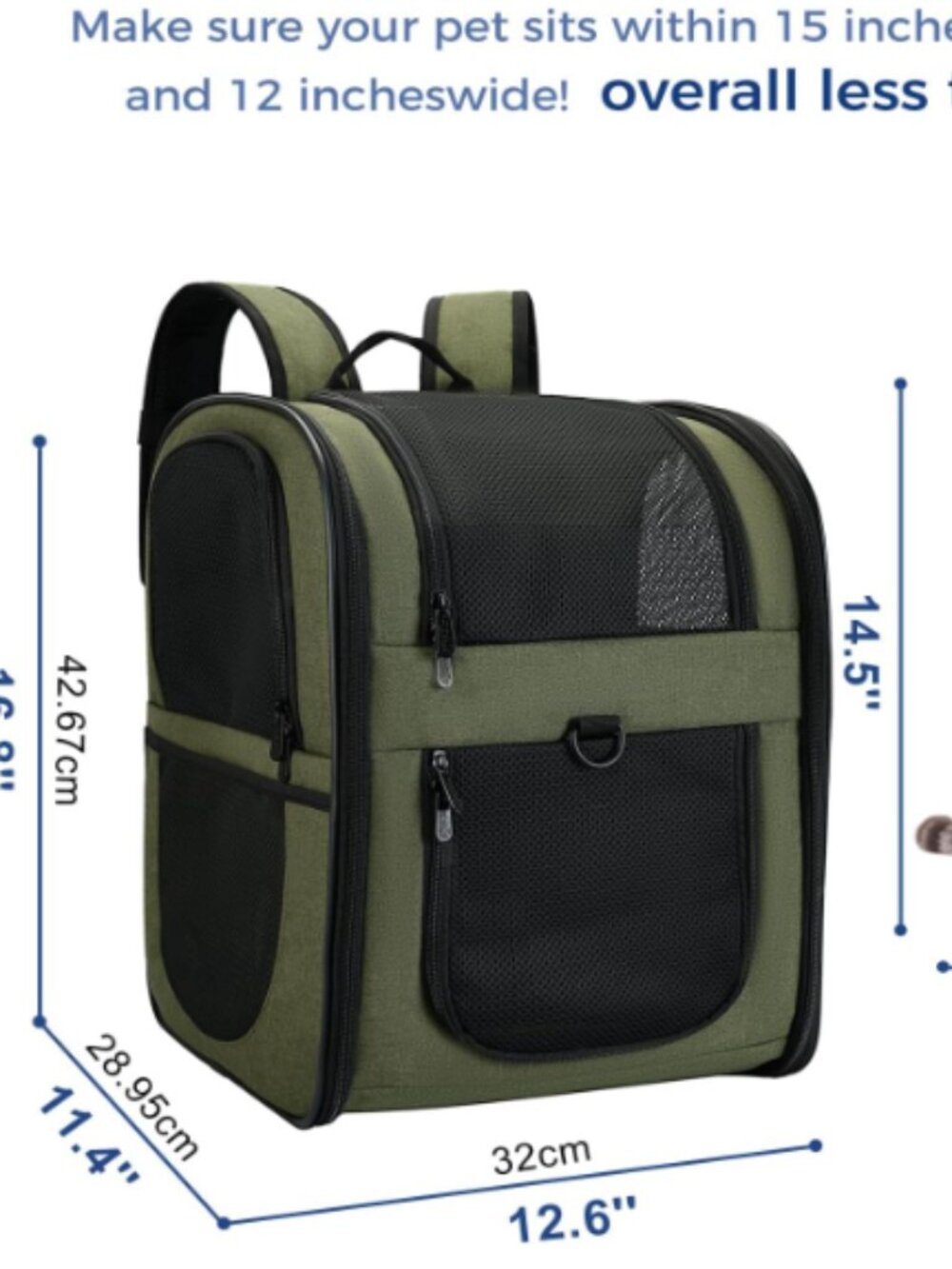 Olive Green Carrier Backpack for Small Petss Up to 18 lb